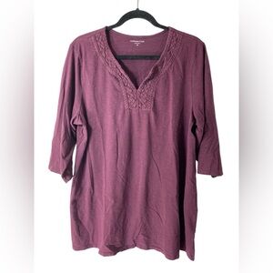 Coldwater Creek Women’s XL Plum/Wine Purple 3/4 Sleeve Relaxed Cotton Tunic Top